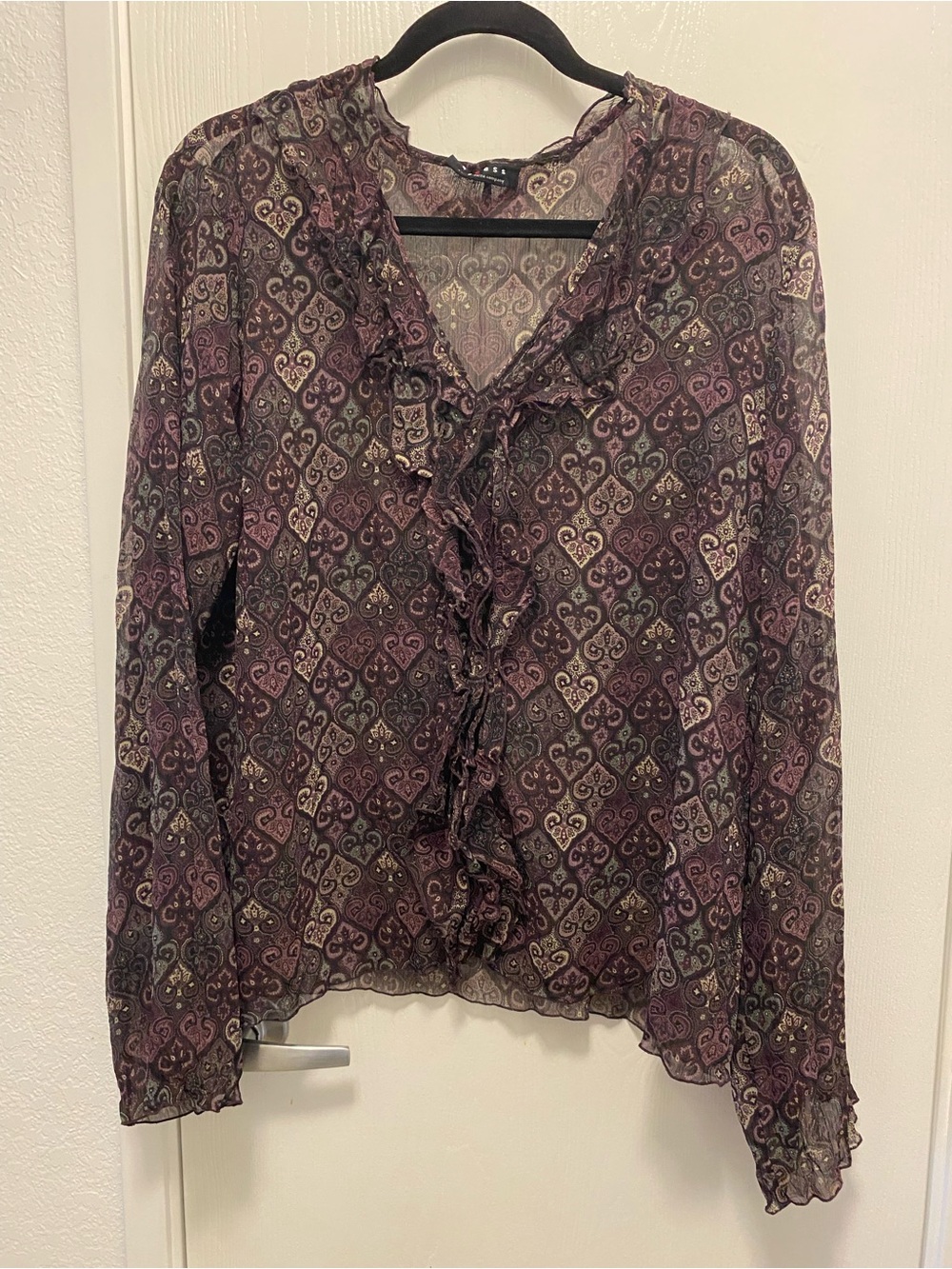 Axcess Purple Pattern Ruffle Front Blouse